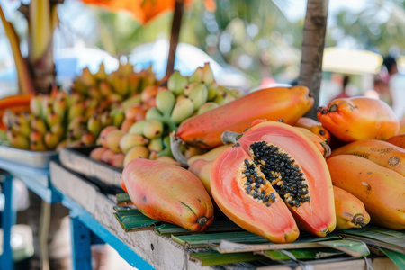 Vibrant tropical market stall with exotic papayas, umbrellas, and palm leaves for vacation vibeの写真素材