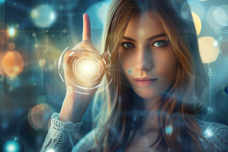 Businesswoman engaging with advanced social network technology, touching future network buttonの写真素材