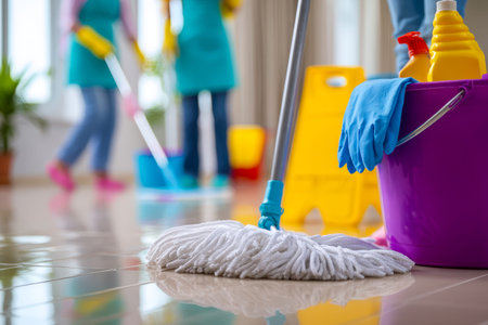 Skilled cleaner in uniform uses a mop and cleaning gear to restore shine to a pristine indoor floor,...