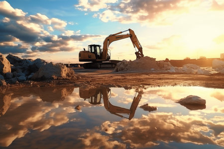 Excavator working on digging soil under the clear blue sky on a construction siteの写真素材