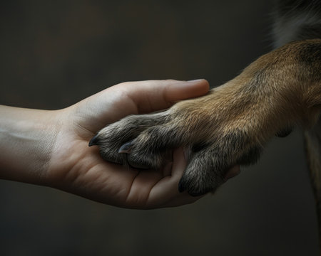 Touch of love human hand and dog paw in heartfelt connection, symbolizing deep bond and friendshipの写真素材