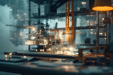 Architectural design desk with mining light at construction site integrating ai technologyの写真素材