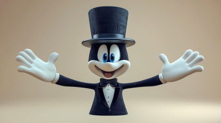 Playful Mickey Mouse in a sleek tuxedo and tall top hat greets with a cheerful smile and open arms, ready to perform a magical illusion.の写真素材