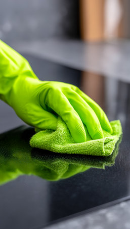 An individual wearing gloves wipes down a sleek glass panel using a vibrant green microfiber cloth, evoking cleanliness and attention to hygiene.の写真素材