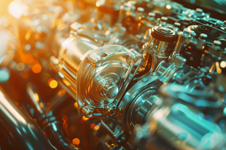 Detailed close up of innovative car engine concept with high quality cutaway viewの写真素材