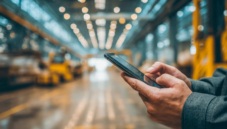 An individual engages with a smartphone amidst sleek machinery and high-tech shelving, conveying efficiency and innovation in a contemporary industryの写真素材