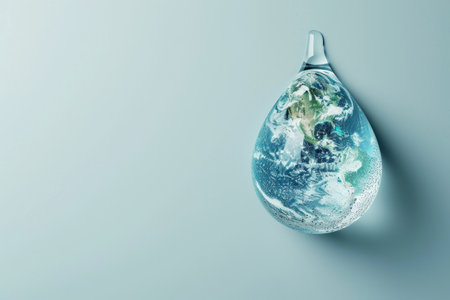 Earth shaped water droplet symbolizing water conservation with ample space for text placementの写真素材