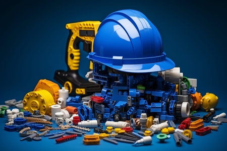 Construction works scheme with yellow or blue helmet and tools on light backgroundの写真素材