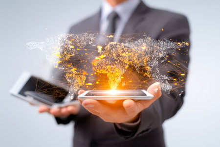 A professional male in a sleek suit interacts with a futuristic digital interface showcasing a global network illuminated by vibrant data pathways.の写真素材