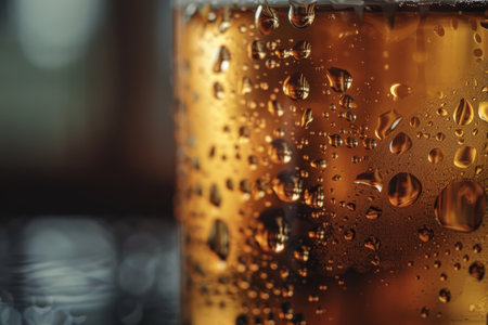 Close-up of beer glass with condensation drops, perfect for text placement and advertisingの写真素材