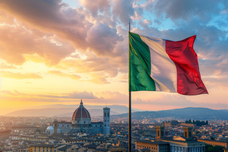 Mesmerizing cityscape sets backdrop for elegantly waving italian flag, creating a captivating sceneの写真素材