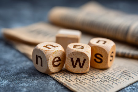 Wooden alphabet blocks arranged to spell "news" rest on a printed paper, creating a soft-focus backdrop that suggests information and communication thの写真素材