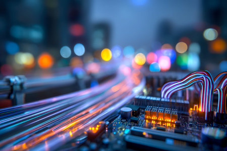Vibrant circuit pathways illuminated with vivid colors contrast against shimmering urban lights, evoking innovation and modern technological synergy.の写真素材
