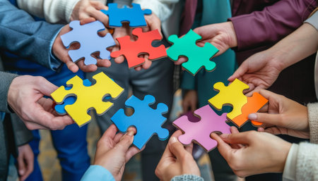 High angle view of business team holding colorful puzzle pieces for teamwork and strategy