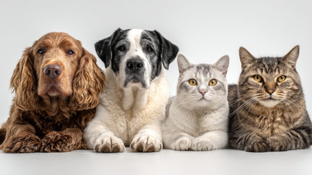 Playful puppies and kittens cozily rest together on a clean white surface, creating a heartwarming...