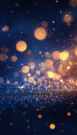 Dynamic backdrop featuring shimmering gold and cool blue orbs softly illuminating a deep, shadowed...