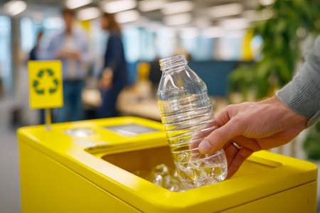 A person tosses a plastic bottle into a bright yellow recycling container in an outdoor communal...