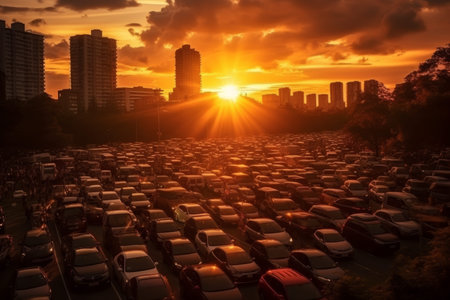 Aerial view of metropolitan city with dense traffic flow and numerous cars on the roadの写真素材