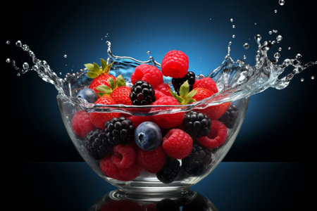 Ripe wild berries cascading into a glass bowl filled with refreshing clear water