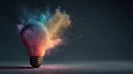 A shattered light bulb disperses vibrant powders in midair, creating a striking contrast against a deep, dark backdrop for dynamic visual impact.の写真素材