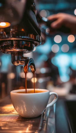 Hot, rich espresso streams into a pristine white cup, capturing the sleek design and contemporary...