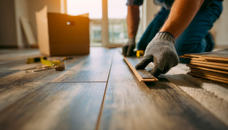 A craftsman carefully measures and assembles natural wooden planks in a luminous room, creating a warm and inviting ambiance.の写真素材