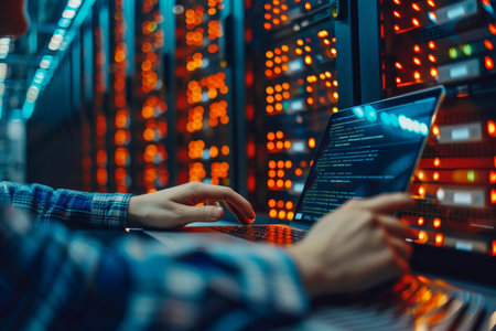 Computer engineer in server room with laptop it support and big data storage technology concept