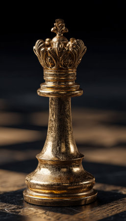 A detailed shot of a shimmering golden king chess piece resting on an aged wooden board, set against a deep, shadowy backdrop conveying strategic domiの写真素材