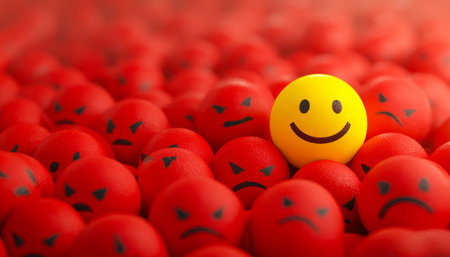 A cheerful yellow ball with a big smile stands out amidst tense red emoticon balls, symbolizing positivity in a sea of frustration and anger.の写真素材