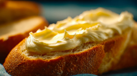A golden-brown toasted bread slice generously coated with smooth, pale butter, captured in warm...