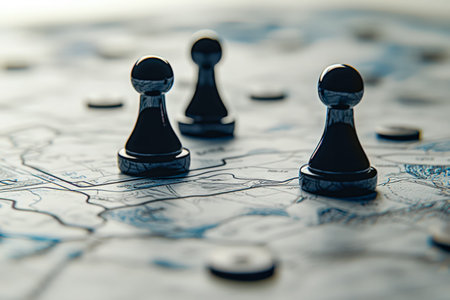 A close-up of hand placing game tokens on a detailed map, highlighting thoughtful decision-making,...