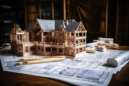 construction of house on blueprints - building project and architecture conceptの写真素材