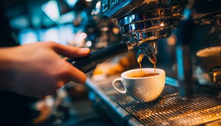 A skilled barista focuses intently as hot steam releases from a professional espresso machine, creating a cozy, welcoming coffeehouse atmosphere.の写真素材