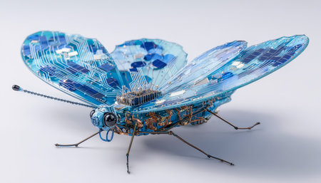 A sleek, high-tech butterfly with luminous, see-through wings embedded with intricate circuit patterns, evoking innovation and digital elegance.の写真素材