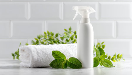 A lush green mint sprig next to a sleek spray bottle and soft towel, set on a bathroom surface,...