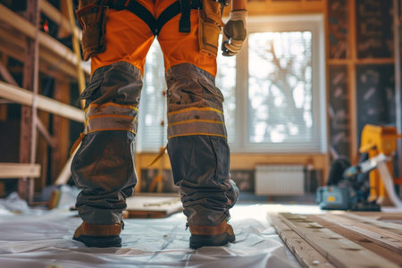 Skilled handyman with tools in renovated house, perfect for home renovation projectsの写真素材