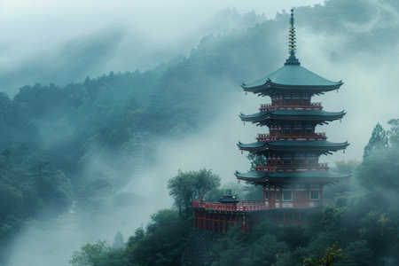 Serene japanese temple amid misty mountains an ancient beauty in a fantasy settingの写真素材