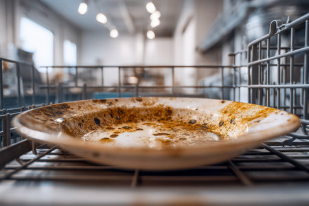 Worn, soil-streaked ceramic dish resting amid soiled utensils in a busy kitchen dishwasher rack, capturing the raw intensity of commercial cleaning.の写真素材