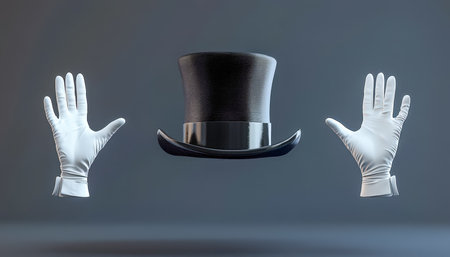 A levitating silk top hat paired with pristine white gloves, set against a deep, shadowy backdrop, evoking mystery and classic elegance.の写真素材