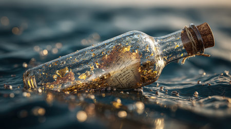 A transparent glass vessel with shimmering gold particles rests on a calm water surface, symbolizing...