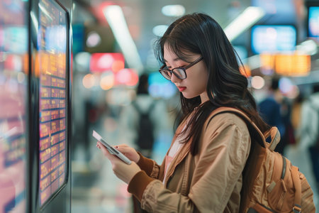 Female traveler checking flight information at airport information desk from a distanceの写真素材