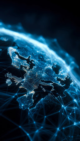A vibrant, neon-lit global map illustrating advanced digital links and data streams connecting...