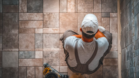 A man relaxes on a checkered tiled surface, with a backpack and cap nearby, captured from a top-down...