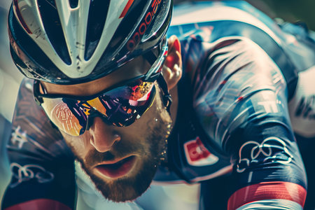 Determined cyclist in sprint race at summer olympics captures intense effort and focusの写真素材