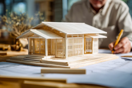 An individual carefully assembles a meticulous miniature house model amid a well-lit, modern office space filled with drawing tools and blueprints.の写真素材