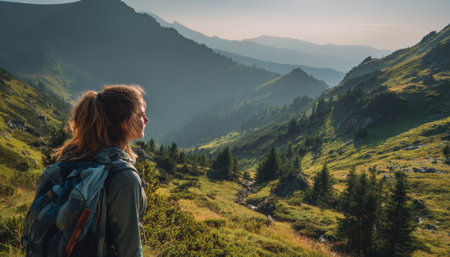 A female trekker navigates verdant slopes bathed in warm morning light, surrounded by towering peaks and vibrant foliage, capturing adventure and sereの写真素材
