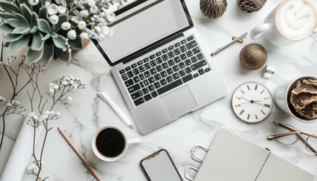 Minimal workspace mock up with laptop and smartphone in high quality cropped shotの写真素材