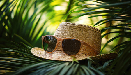 A breezy summer scene features a woven straw hat and sleek sunglasses placed atop vivid tropical foliage, evoking leisurely vacation vibes amid vibranの写真素材