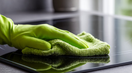 A household chore scene where an individual carefully wipes a slick, reflective cooking surface, demonstrating cleanliness and attention to detail.の写真素材