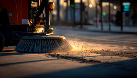 A street maintenance worker gears up with a machine, clearing debris from a city pavement bathed in warm sunset hues, capturing urban renewal.の写真素材